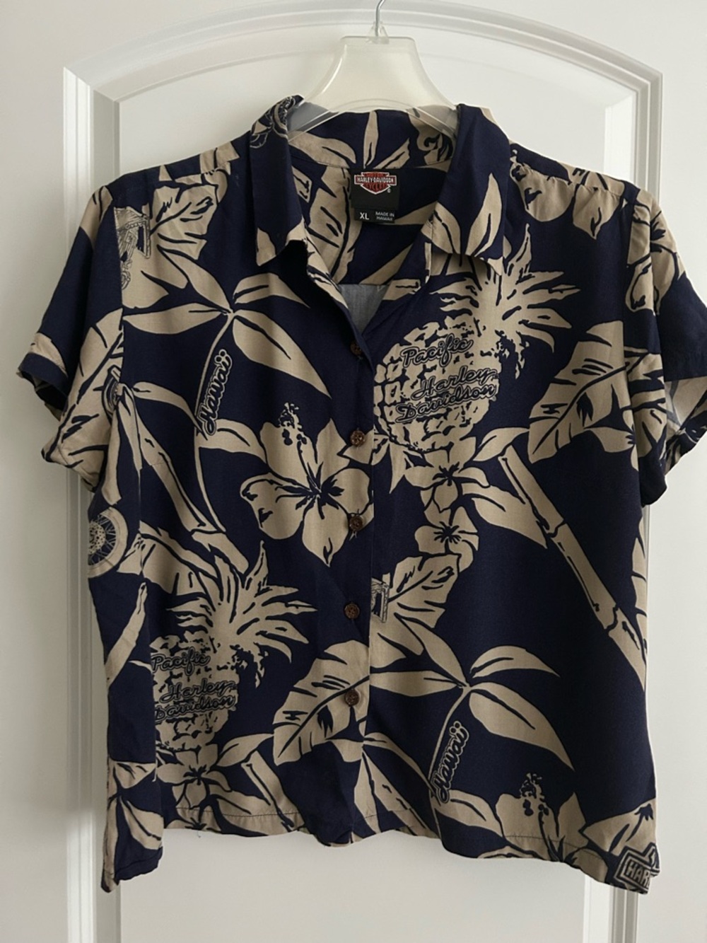 Harley-Davidson Vintage Navy and Tan Hawaiian Button-Up Shirt